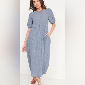 Old Navy Gingham Tiered Puff Sleeve All Day Midi Swing Dress